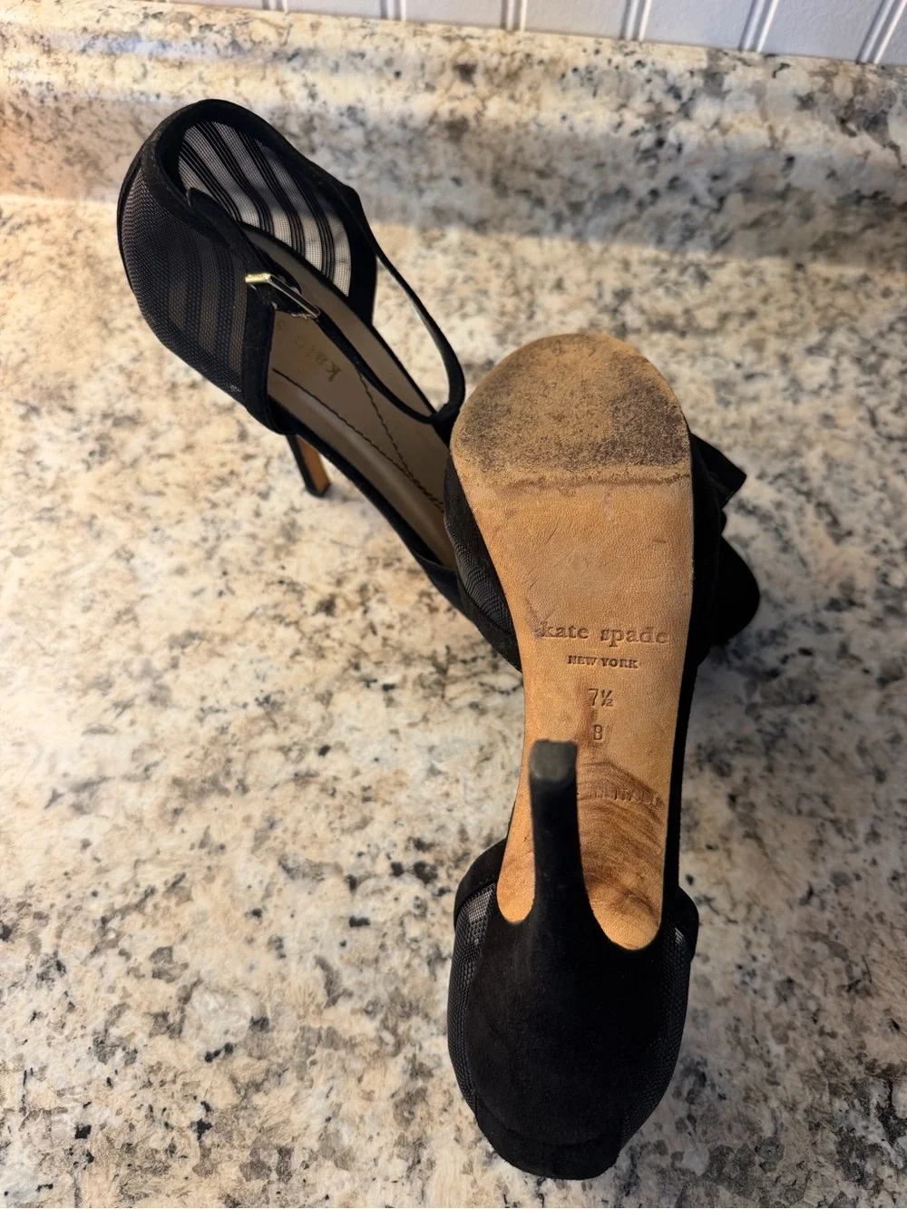kate spade Black Mesh Bow T-Strap Peep-Toe Platform Stiletto Heels Made In Italy